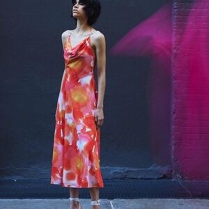 HALSTON Avni crepe watercolor sunset halter midi dress wedding guest NWT 8 10